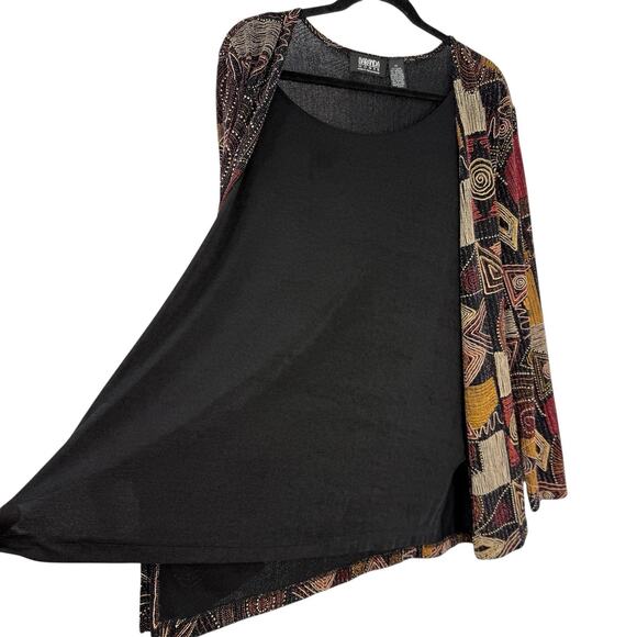 Baranda Woman Attached Top Cardigan size 2X Black Multicolor Art to Wear Boho - Picture 2 of 9